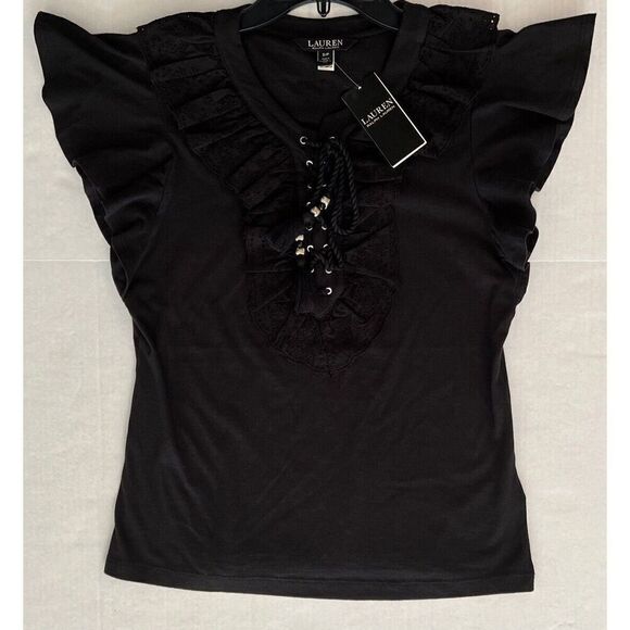 Lauren Ralph Lauren Womens Sz Small Ruffle-Trim Lace-Up Jet Black Top - Picture 6 of 11